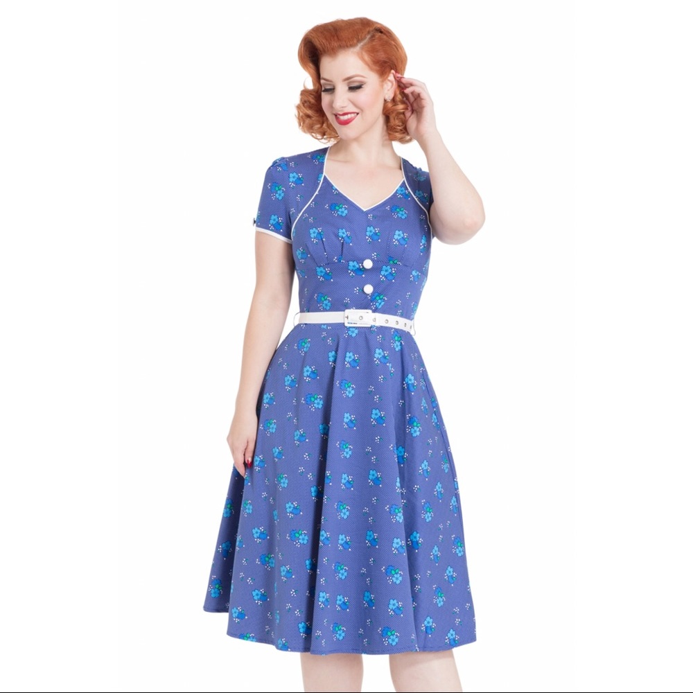 Blue Floral Belted Fit & Flare Dress